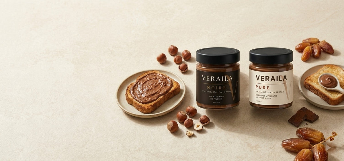 Veraila Noire and Pure jars with hazelnut toast, dates and dark chocolate